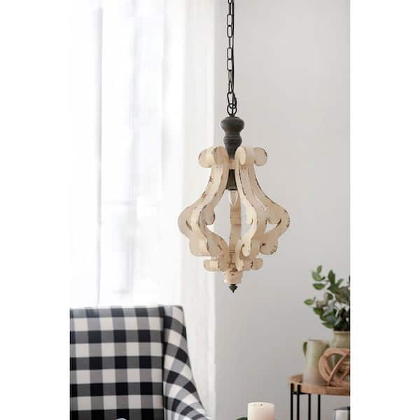 French Country 20.9 in. Antique White 1-Light Wood Chandelier for Living Room Foyer with Clear Glass Bell Shade