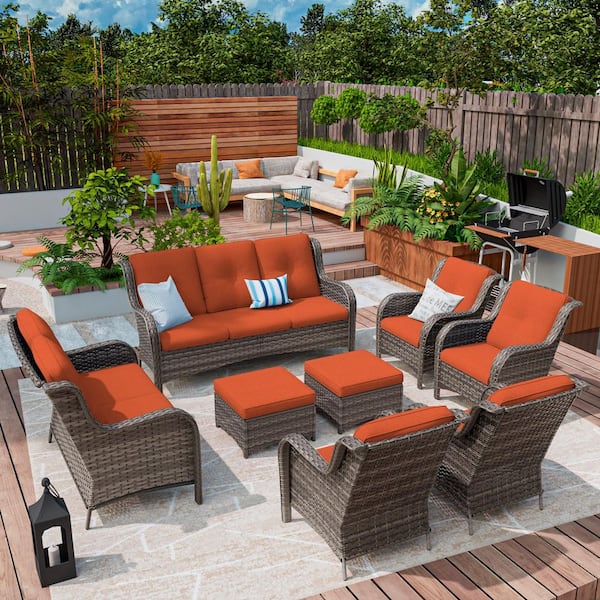 MeetLeisure 8-Piece Wicker Patio Conversation Set Yard Garden Porch with Orange Cushions