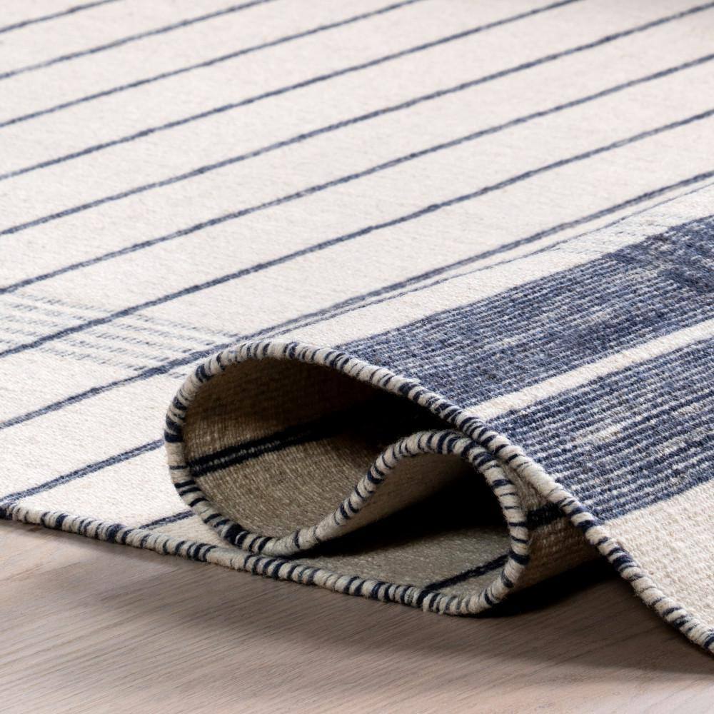 Ivory and Blue Striped Wool Fringe Area Rug 2' x 3'