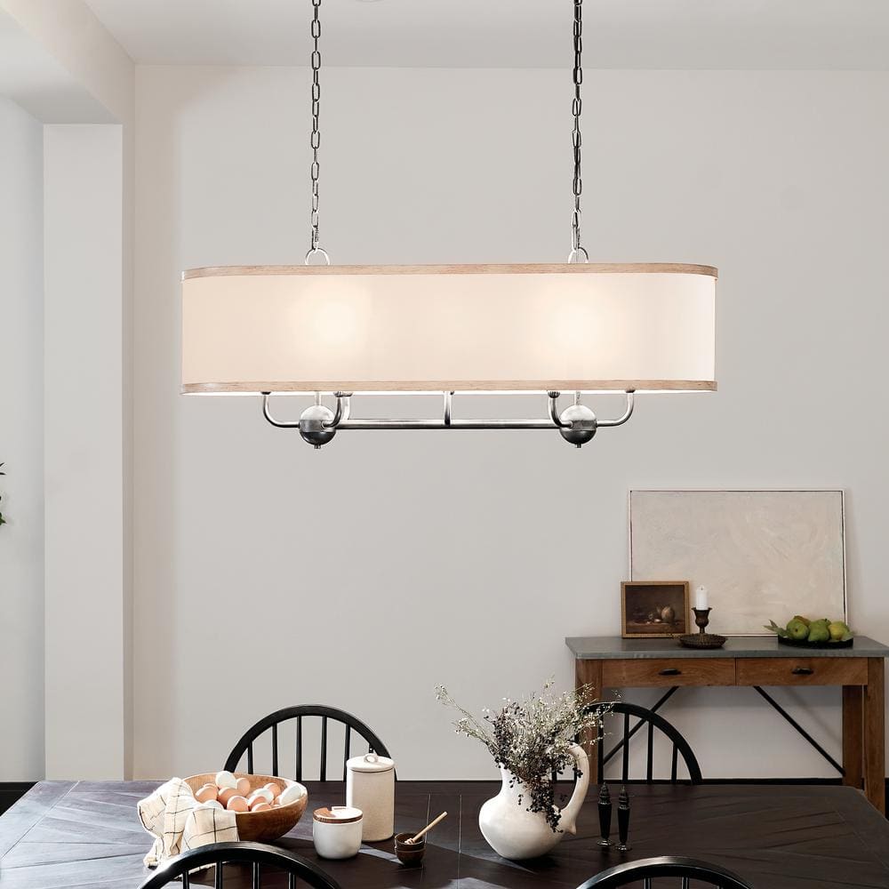 Anvil Iron and Beech Wood 8-Light Linear Chandelier with White Fabric Shade