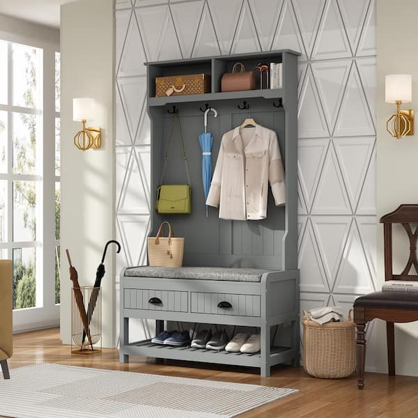 FUFU&GAGA 68.5 in. Gray Wood 3-in-1 Coat Rack with 4-Metal Hooks and 2-Drawers, Storage Bench