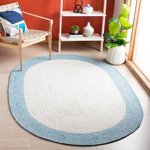 Braided Ivory/Blue 6 ft. x 9 ft. Border Solid Color Oval Area Rug