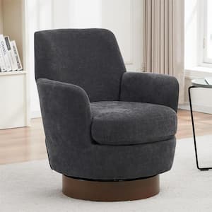 Luxurious Polyester Swivel Barrel Chair with Walnut Stainless Steel Base - Dark Grey