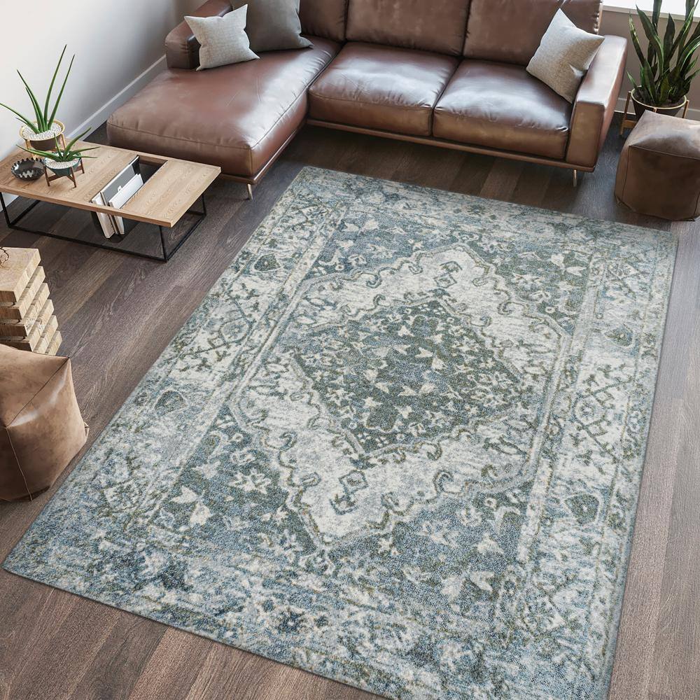 Pavel Light Gray and Blue Synthetic Medallion Washable Area Rug