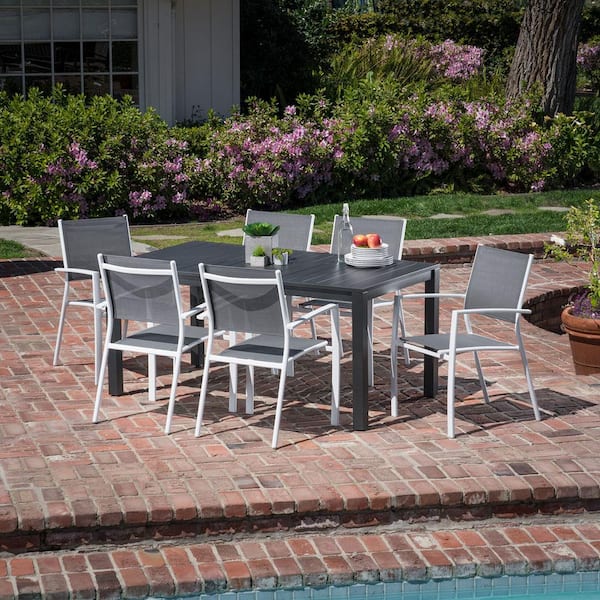 Naples 7-Piece Aluminum Outdoor Dining Set with 6 Sling Chairs in Gray/White and a 63 in. x 35 in. Dining Table