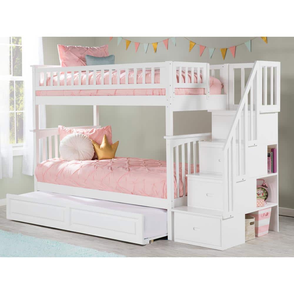 White Twin Over Twin Wood Bunk Bed with Trundle and Storage