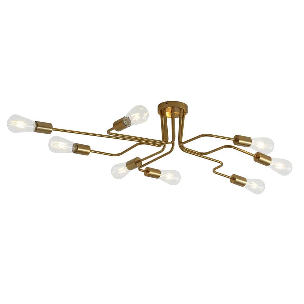 43 in. 8-Light Brushed Gold Sputnik Modern Linear Semi Flush Mount Ceiling 