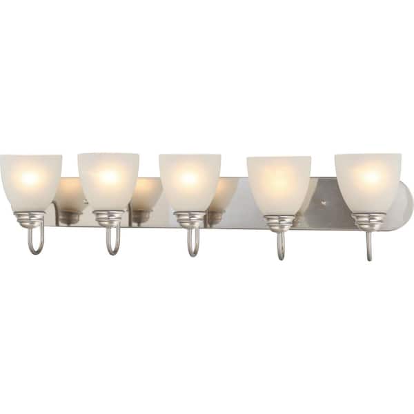 Mari 5-Light Indoor Brushed Nickel Bath or Vanity Light Bar or Wall Mount with White Frosted Glass Bell Shades
