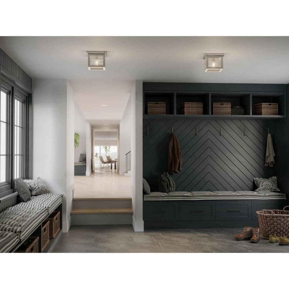 Hedgerow Brushed Nickel and Oak Farmhouse Flush Mount Light