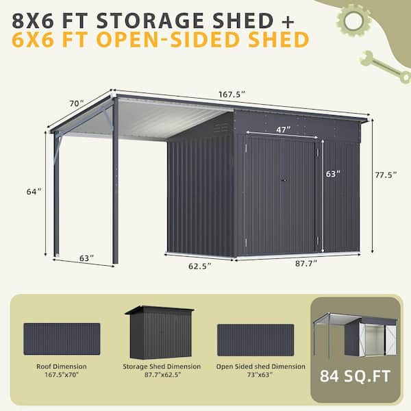 14 ft. W x 6 ft. D Metal Outdoor Open-Sided Storage Shed and Hardtop Gazebo Combo (84 sq. ft.)