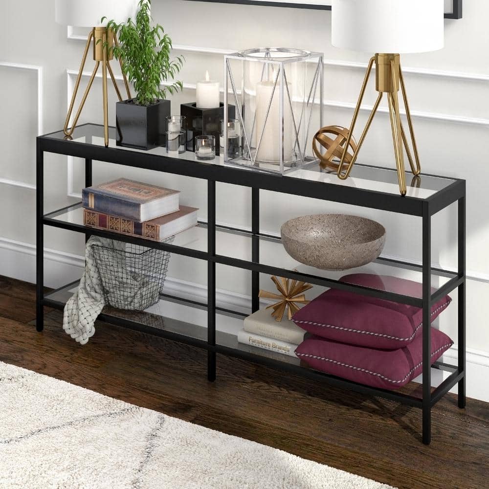 Evelyn Modern Blackened Bronze Console Table with Tempered Glass Shelves