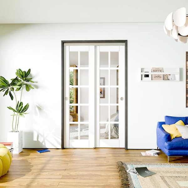 48 in.x 80 in.(Double 24 in.)10 Lite, White Primed Clear Glass finished MDF Wood Interior Door Slab with Bypass Hardware