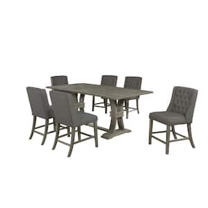 Fabiola 7-Piece Rectangular Wood Top Rustic Finish Dining Table Set Gray Linen Fabric Chairs