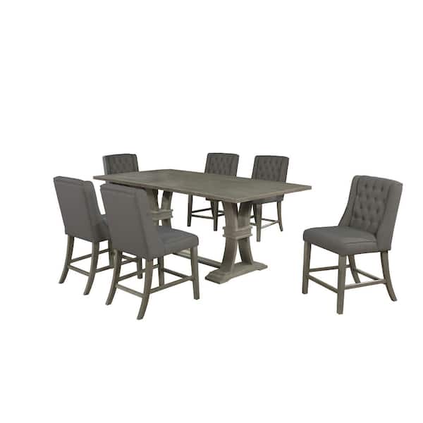 Best Quality Furniture Fabiola 7-Piece Rectangular Wood Top Rustic Finish Dining Table Set Gray Linen Fabric Chairs