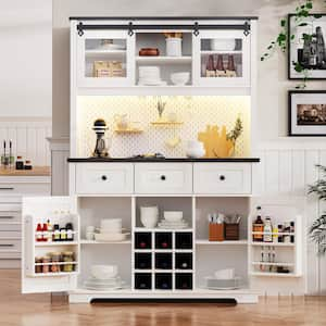 White and Oak Kitchen Pantry Organizer, Cupboard with 3-Drawers, Power Outlet, Pegboard, Wine and Glasses Rack