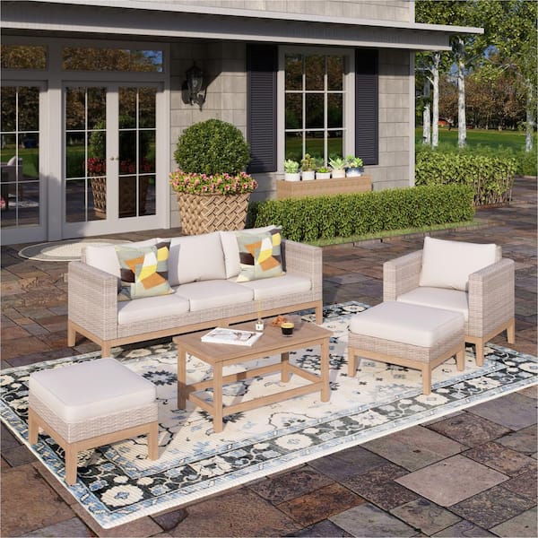 PHI VILLA 5-Piece Rattan Wood Outdoor Patio Conversation Set with Beige Cushions, 2 Ottomans and Acacia Wooden Table