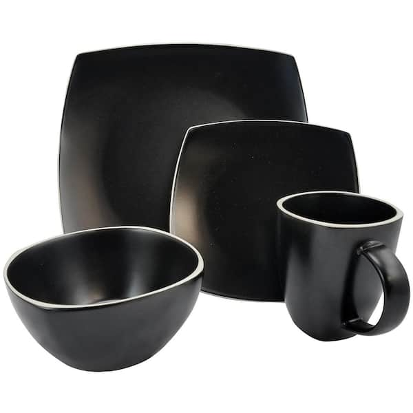 Gibson Soho Lounge White Square 16-Piece Stoneware Dinnerware Set Black