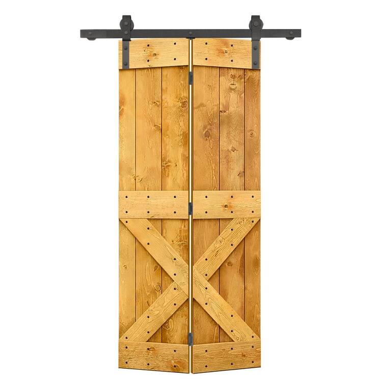 CALHOME 26 in. x 84 in. Mini X Series Solid Core Colonial Maple-Stained DIY Wood Bi-Fold Barn Door with Sliding Hardware Kit