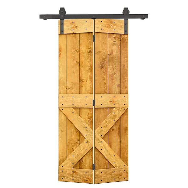 CALHOME 38 in. x 84 in. Mini X Series Solid Core Colonial Maple Stained DIY Wood Bi-Fold Barn Door with Sliding Hardware Kit