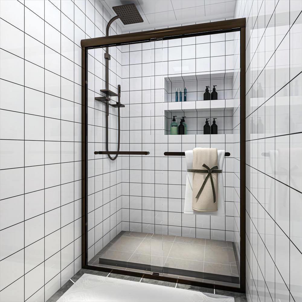 Oil Rubbed Bronze Double Sliding Framed Shower Door with Clear Glass Panels
