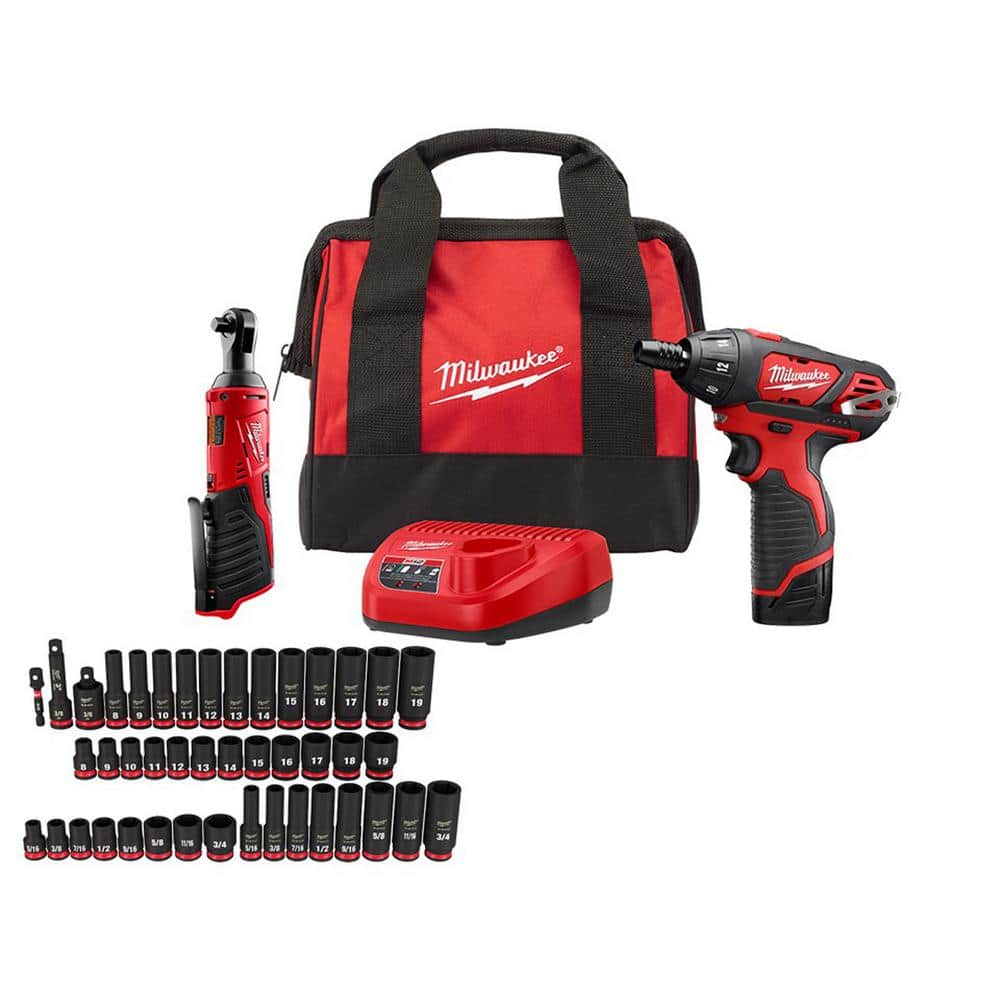 Milwaukee M12 12V Lithium-Ion Cordless 3/8 in. Ratchet/Screwdriver Kit with 3/8 in. Drive SAE/Metric Impact Socket Set (43-Piece) -  2401-21R-09