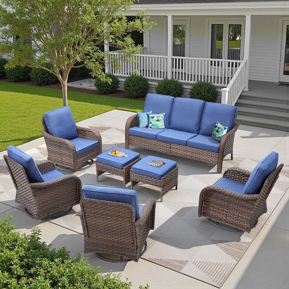 Rainf Swivel Brown 7-Piece Patio Conversation Sets Outdoor Sofa Set with 4 in. Blue Cushions and Rocking Glider Chairs price history on PriceWatchPro