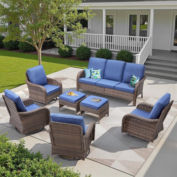Rainf Swivel Brown 7-Piece Patio Conversation Sets Outdoor Sofa Set with 4 in. Blue Cushions and Rocking Glider Chairs
