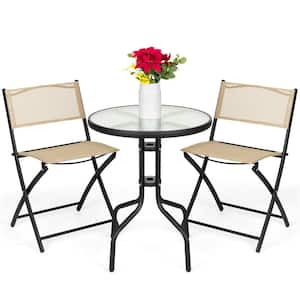 Beige 3-Piece Outdoor Patio Bistro Set w/Textured Glass Table Top, Folding Chairs