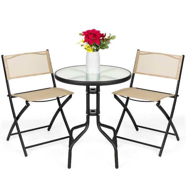 Best Choice Products Black 3 Piece Outdoor Patio Bistro Set W Textured Glass Table Top Folding Chairs Sky4757 - Best Folding Chairs For Patio Furniture