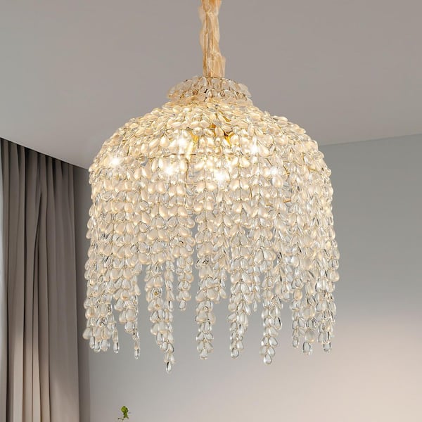 16 in. W 5-Light Gold Crystal Chandelier with Waterfall Grape-Shaped Crystal Bead Strings, E12, No Bulbs Included