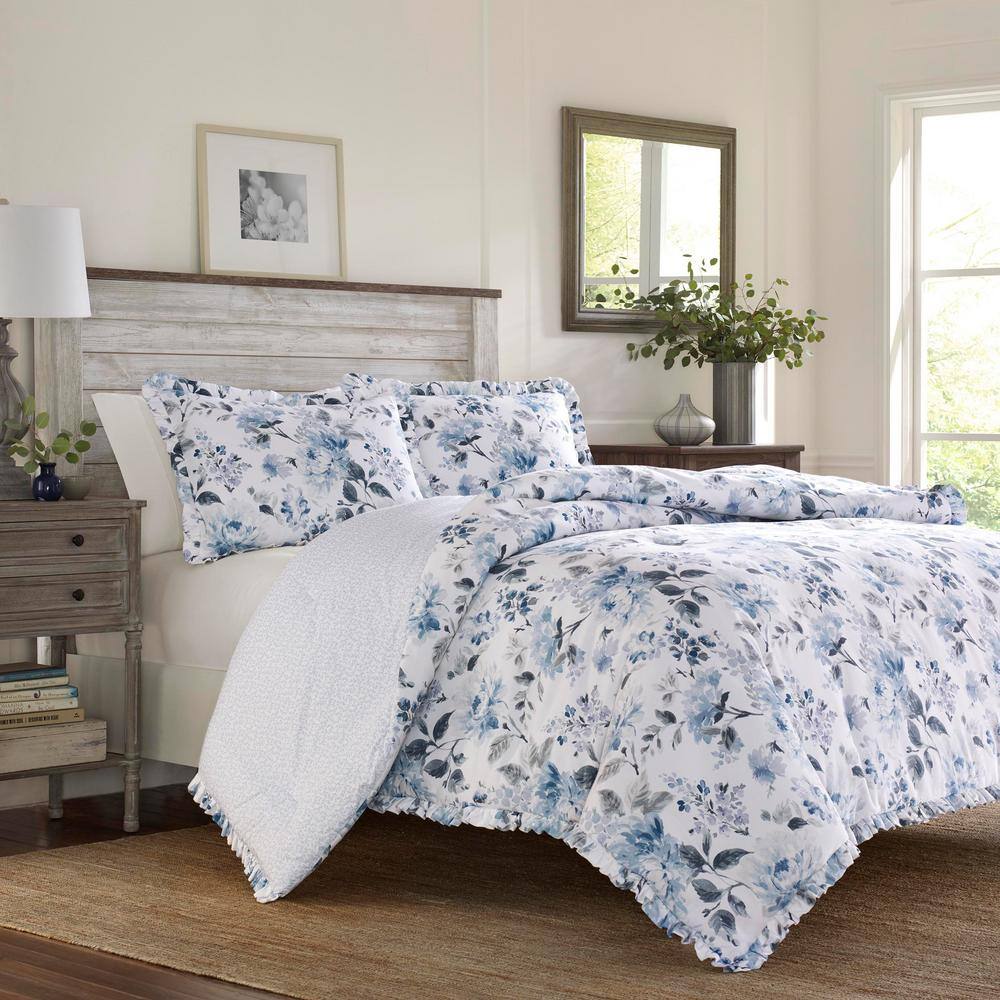 Chloe Blue Floral Cotton Twin Duvet Cover Set with Ruffled Edges