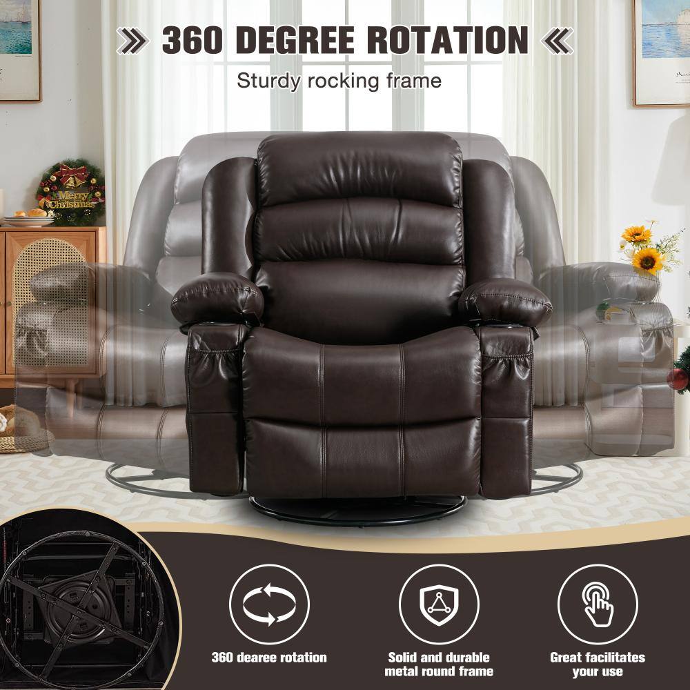 Brown PU leather recliner chair demonstrating 360 degree rotation.