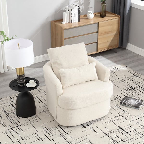 White Teddy Fabric Round Barrel Swivel Chair Set of 1 with 360° Swivel, Ergonomic Spring & Dual Pillow Support