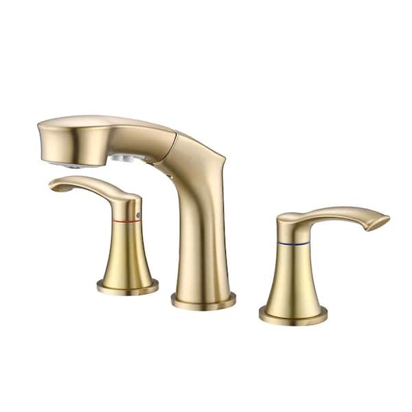 YASINU 8 in. Widespread Double Handle 3 Hole Bathroom Faucet with Pull Out Sprayer in Brushed Golden