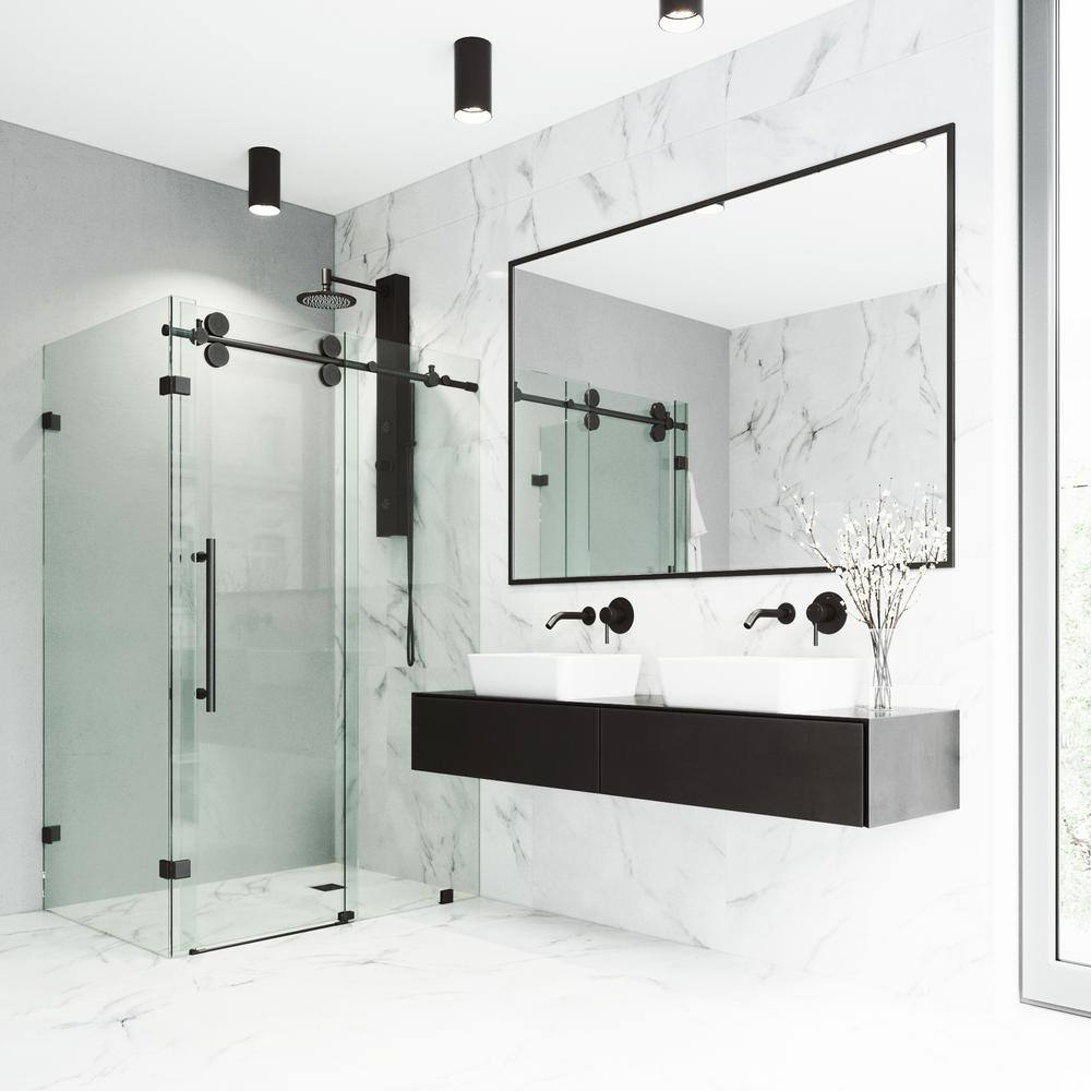 Winslow 46" Matte Black Frameless Sliding Shower Enclosure with Clear Glass