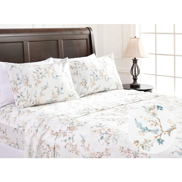 4-Piece Traditional Blue Floral Pattern Print Microfiber Bedsheets Set, Queen