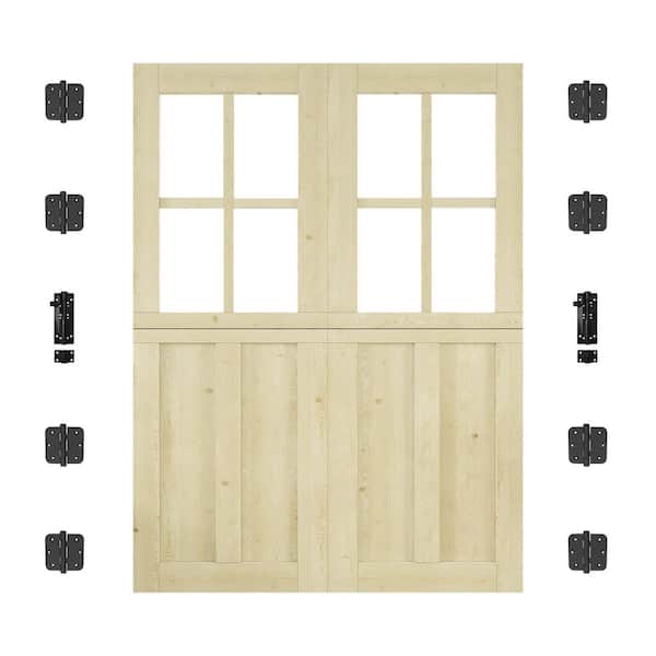 72 in. x 80 in. Solid Pine Universal 4-Lite Clear Glass and 2-Panel Unfinished Dutch Door Design Wood Front Door Slab