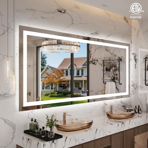 88 in. W x 38 in. H Rectangular Frameless LED Anti-Fog Wall Bathroom Vanity Mirror in Tempered Glass, ETL