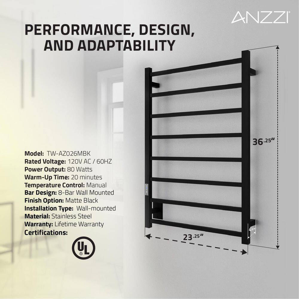 Matte Black Stainless Steel Wall Mounted 8-Bar Towel Warmer