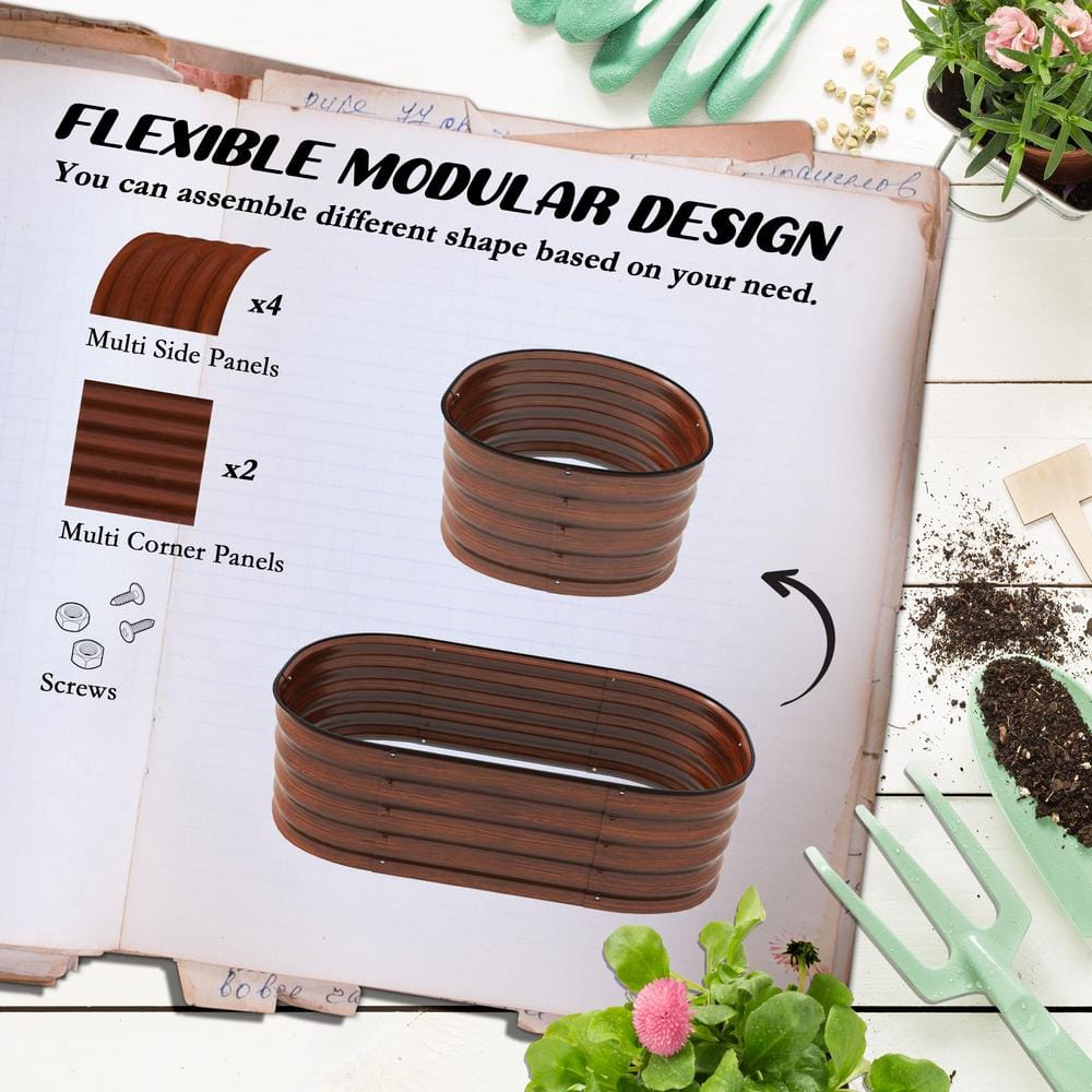 Brown Galvanized Steel Raised Garden Bed Planter Box with Safety Edging