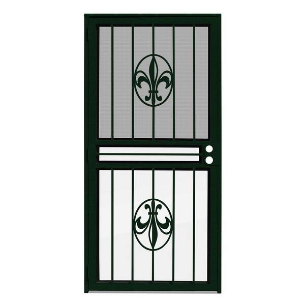 Unique Home Designs 34 in. x 80 in. Fleur de Lis Forest Green Recessed Mount All Season Security Door with Insect Screen and Glass Inserts