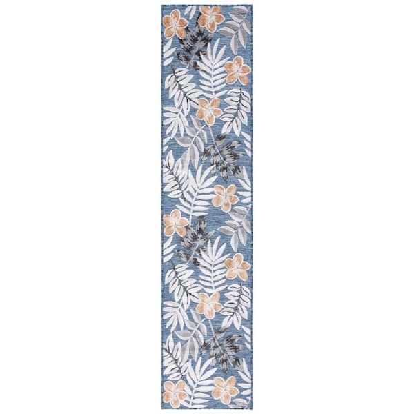 Cabana Blue/Gray 2 ft. x 9 ft. Botanical Floral Indoor/Outdoor Runner Rug
