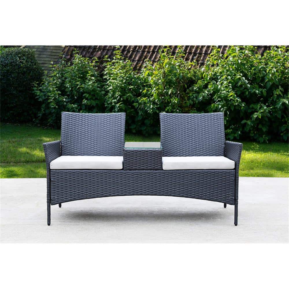Afoxsos Gray Wicker Outdoor Loveseat with Beige Cushions and Buildin