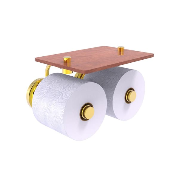 Allied Brass Que New Collection Wall Mounted Toilet Paper Holder in Polished Brass with Wood Shelf