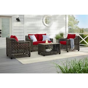 Briar Ridge Brown Wicker Outdoor Patio Loveseat with CushionGuard Chili Red Cushions