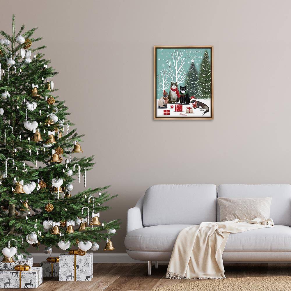 Festive Winter Cats Scene by Elizabeth Tyndall Brown Floater Frame Animal Graphic Art Print 31 in. x 25 in. price history on PriceWatchPro