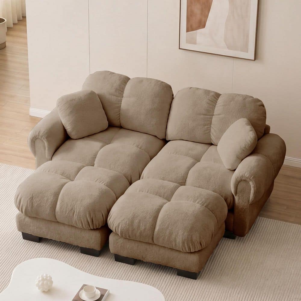 Royce 76.3 in. Round Arms Chenille Rectangle Sectional Sofa in Brown with Exquisite Pillows, 2 Movable Ottomans