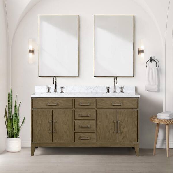 Lexora Fossa 60 in W x 22 in D Grey Oak Double Bath Vanity, Carrara ...