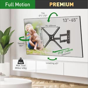 Barkan 29 in. to 65 in. Full Motion - 4 Movement Flat / Curved TV Wall Mount, Black, Patented, Touch & Tilt, UL Listed