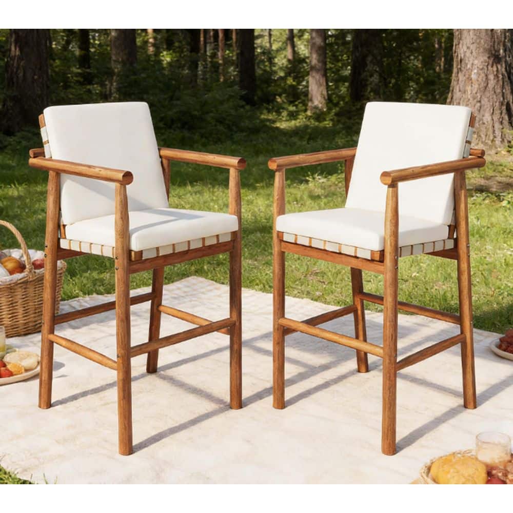Acacia Wood Outdoor Bar Stools with Beige Cushion and Backrest Arm for Patio, Pool, Garden (2-Pack) price history on PriceWatchPro
